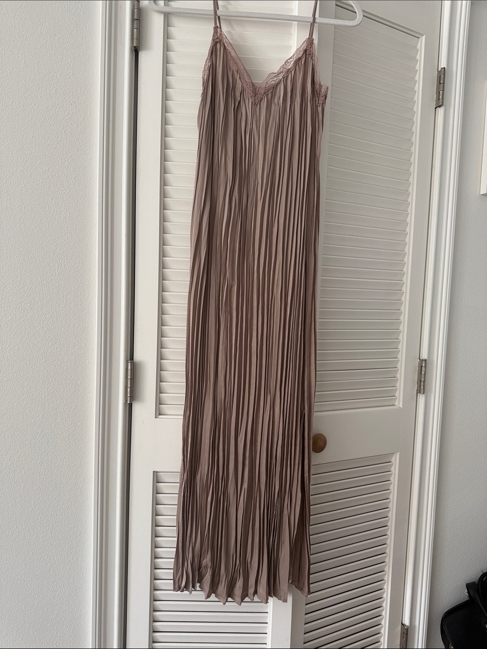 H&M Pleated Satin Slip Dress in Mauve Taupe